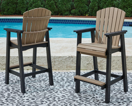 Fairen Trail Outdoor Barstool set, front angle view showing black legs and driftwood seat