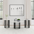 Haven 3-piece round coffee and end table set showing black marble top and iron base