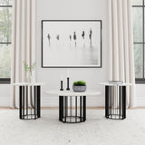 Haven 3-piece round coffee and end table set showing black marble top and iron base