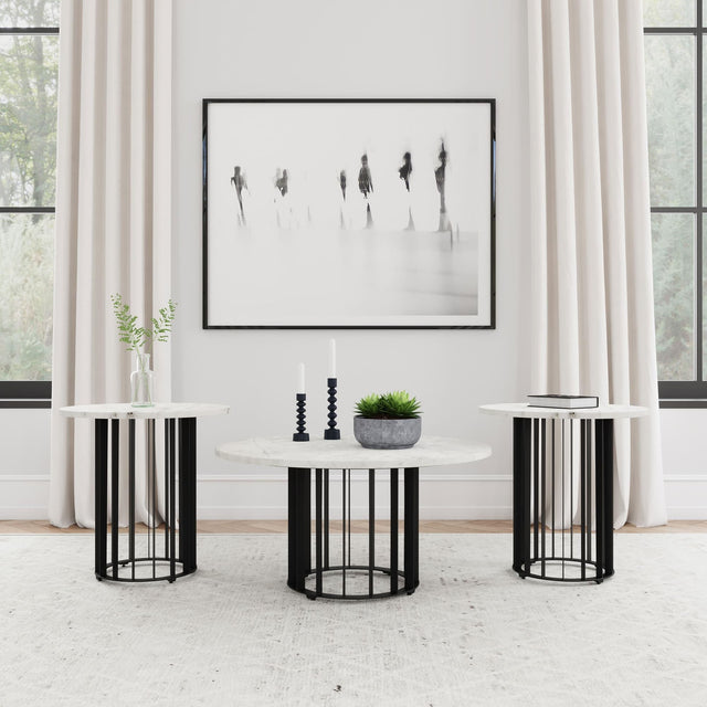 Haven 3-piece round coffee and end table set showing black marble top and iron base