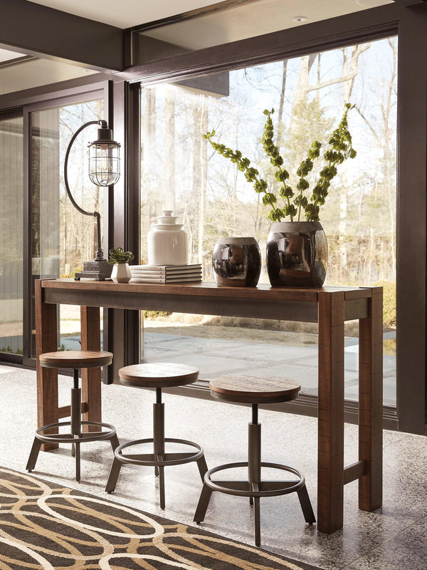 Torjin brown and gray counter height dining table with 4 swivel barstools, front view