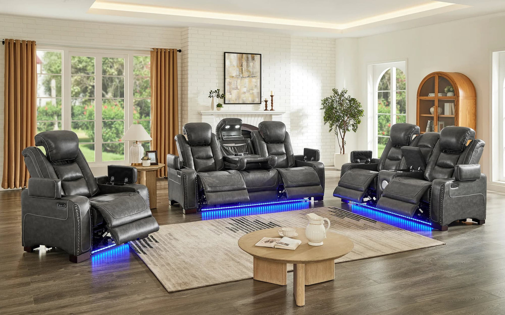 Tesla gray gel leather 3-piece power reclining set front view