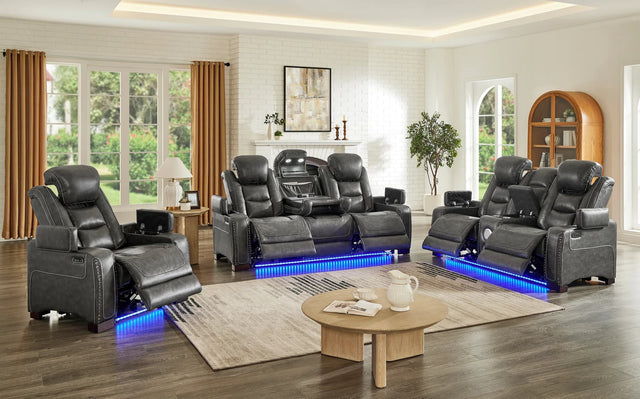 Tesla gray gel leather 3-piece power reclining set front view