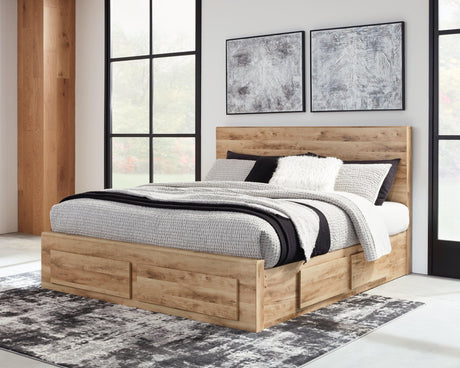 Hyanna King Panel Storage Bed in tan, front view with headboard