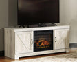 Bellaby 63 inch whitewash TV stand with electric fireplace angled view