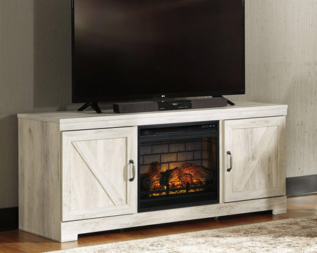 Bellaby 63 inch whitewash TV stand with electric fireplace angled view