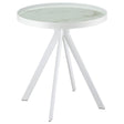 Briggs round white marble print glass top end side table front view