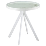 Briggs round white marble print glass top end side table front view