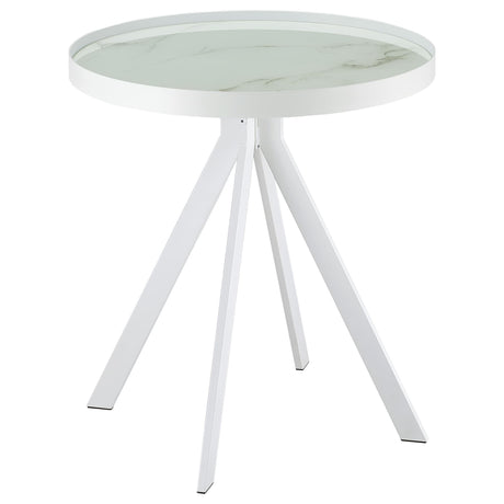 Briggs round white marble print glass top end side table front view