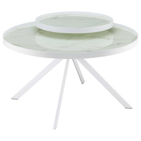 Briggs round coffee table with white metal frame and marble printed glass top