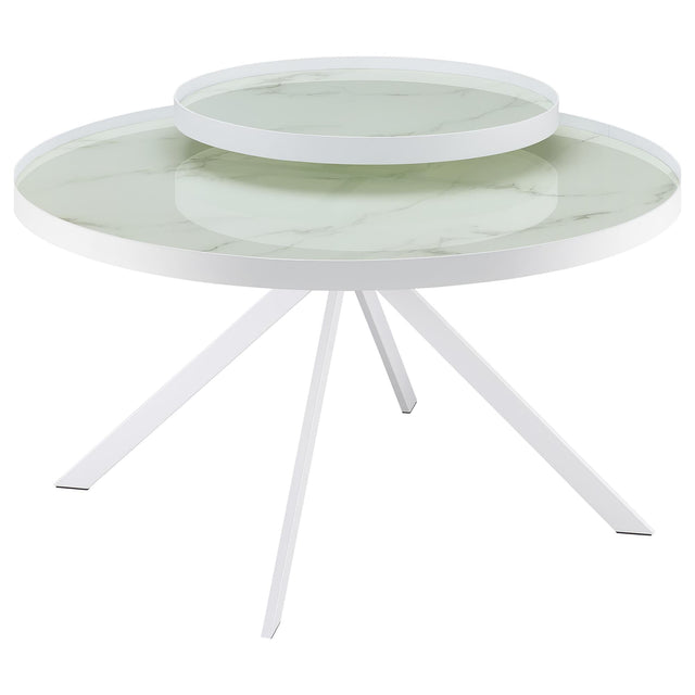 Briggs round coffee table with white metal frame and marble printed glass top