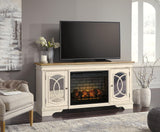 Realyn 74 inch chipped white TV stand with electric fireplace, front view