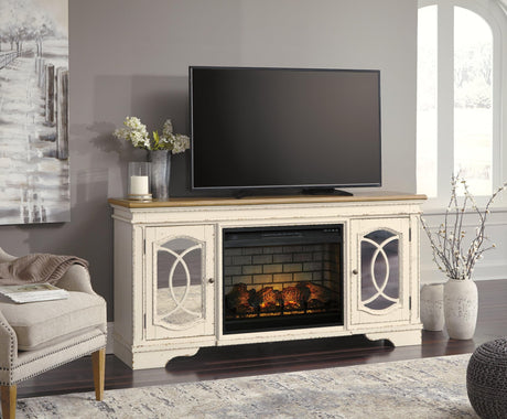 Realyn 74 inch chipped white TV stand with electric fireplace, front view
