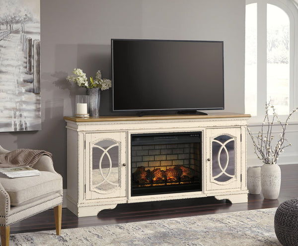 Realyn 74 inch chipped white TV stand with electric fireplace, front view