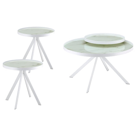 Briggs 3-piece round coffee table set with marble-patterned glass top