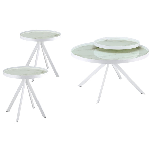 Briggs 3-piece round coffee table set with marble-patterned glass top