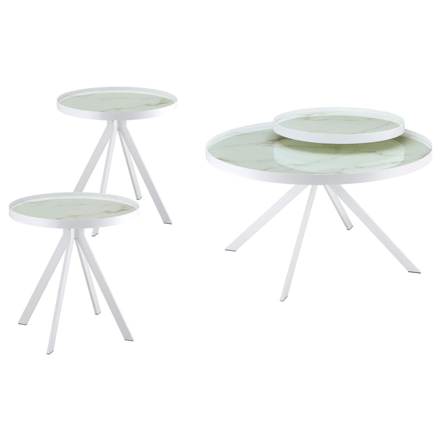 Briggs 3-piece round coffee table set with marble-patterned glass top