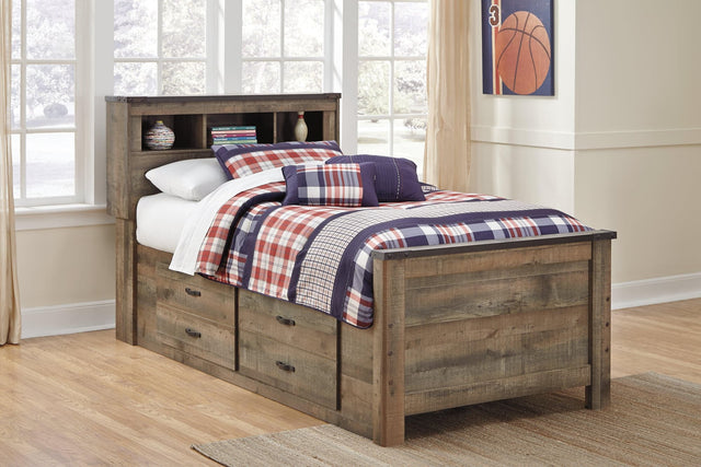 Trinell Brown Twin Bookcase Bed front view with bookcase headboard