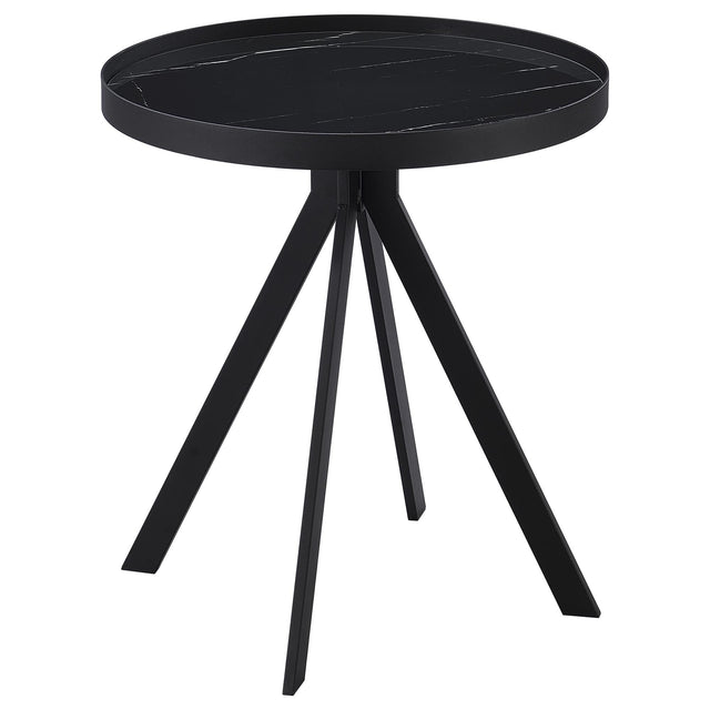 Briggs round black end table with marble printed tempered glass top