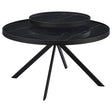 Briggs black round coffee table front view showing marble-printed top