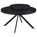 Briggs black round coffee table front view showing marble-printed top