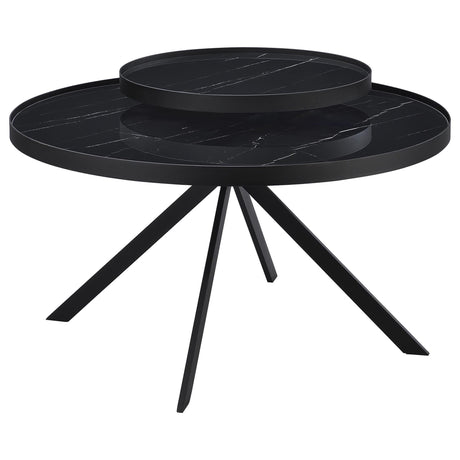 Briggs black round coffee table front view showing marble-printed top