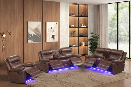 Isabel Espresso 3-Piece Reclining Set front view showing sofa with cupholders