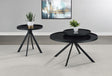 Briggs black round coffee table with marble-patterned tempered glass top