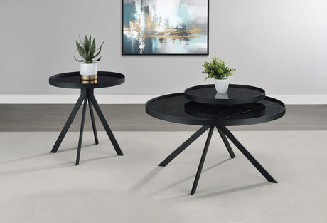 Briggs black round coffee table with marble-patterned tempered glass top