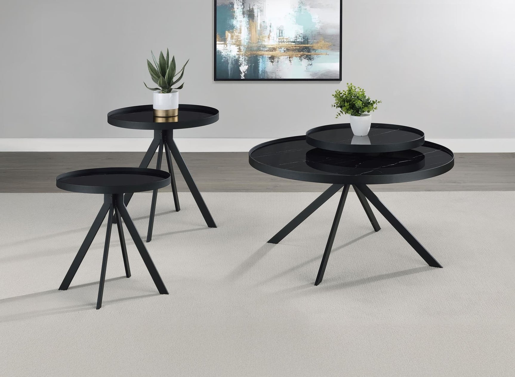 Briggs 3-piece round coffee and end table set with black metal frame front view