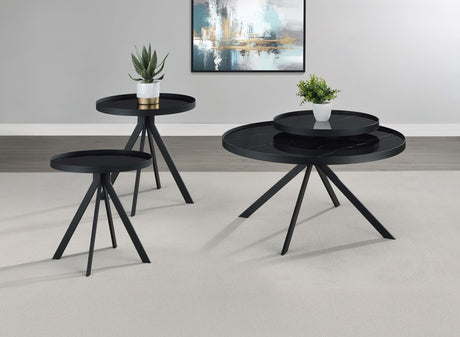 Briggs 3-piece round coffee and end table set with black metal frame front view