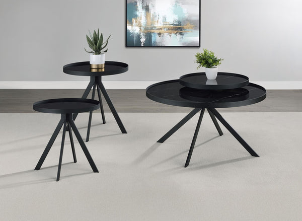 Briggs 3-piece round coffee and end table set with black metal frame front view