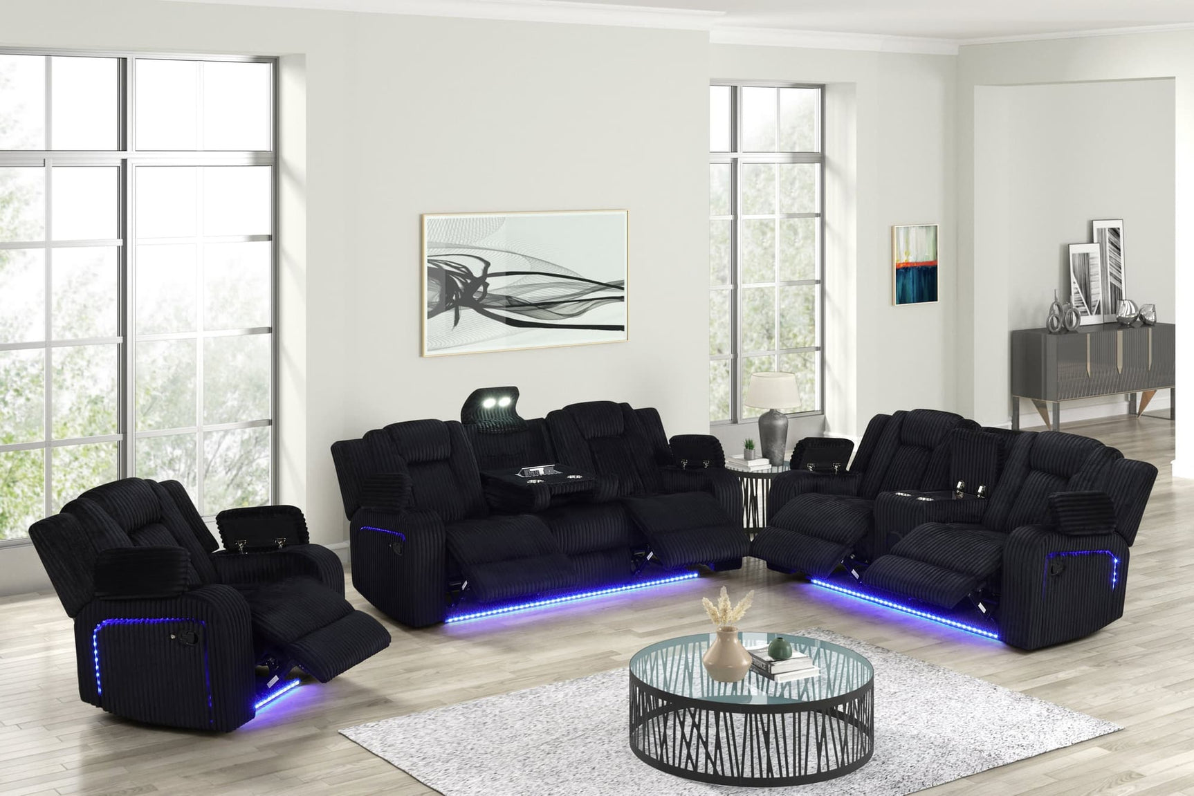 Hulk Black Fabric 3-Piece Reclining Sofa Set front view