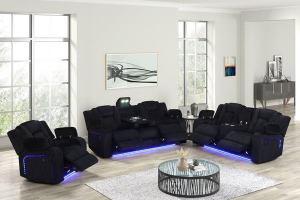Hulk Black Fabric 3-Piece Reclining Sofa Set front view