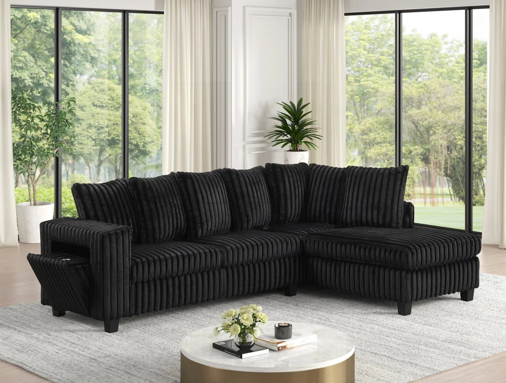 Side view of Fiven Black Reversible Sectional sofa