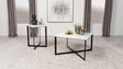 Tobin coffee table with white marble top and black iron crisscross base, front angle