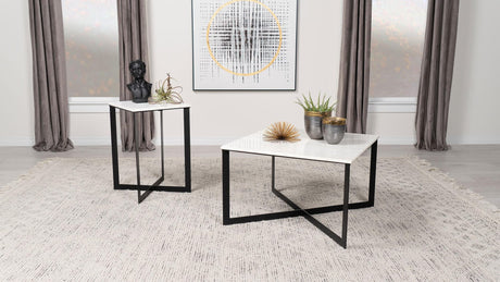 Tobin coffee table with white marble top and black iron crisscross base, front angle