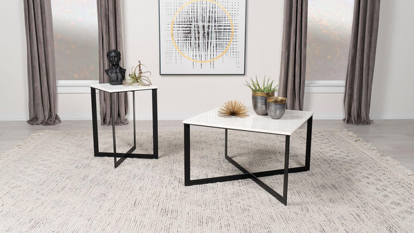 Tobin coffee table with white marble top and black iron crisscross base, front angle