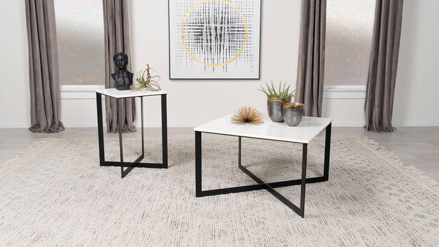 Tobin coffee table with white marble top and black iron crisscross base, front angle
