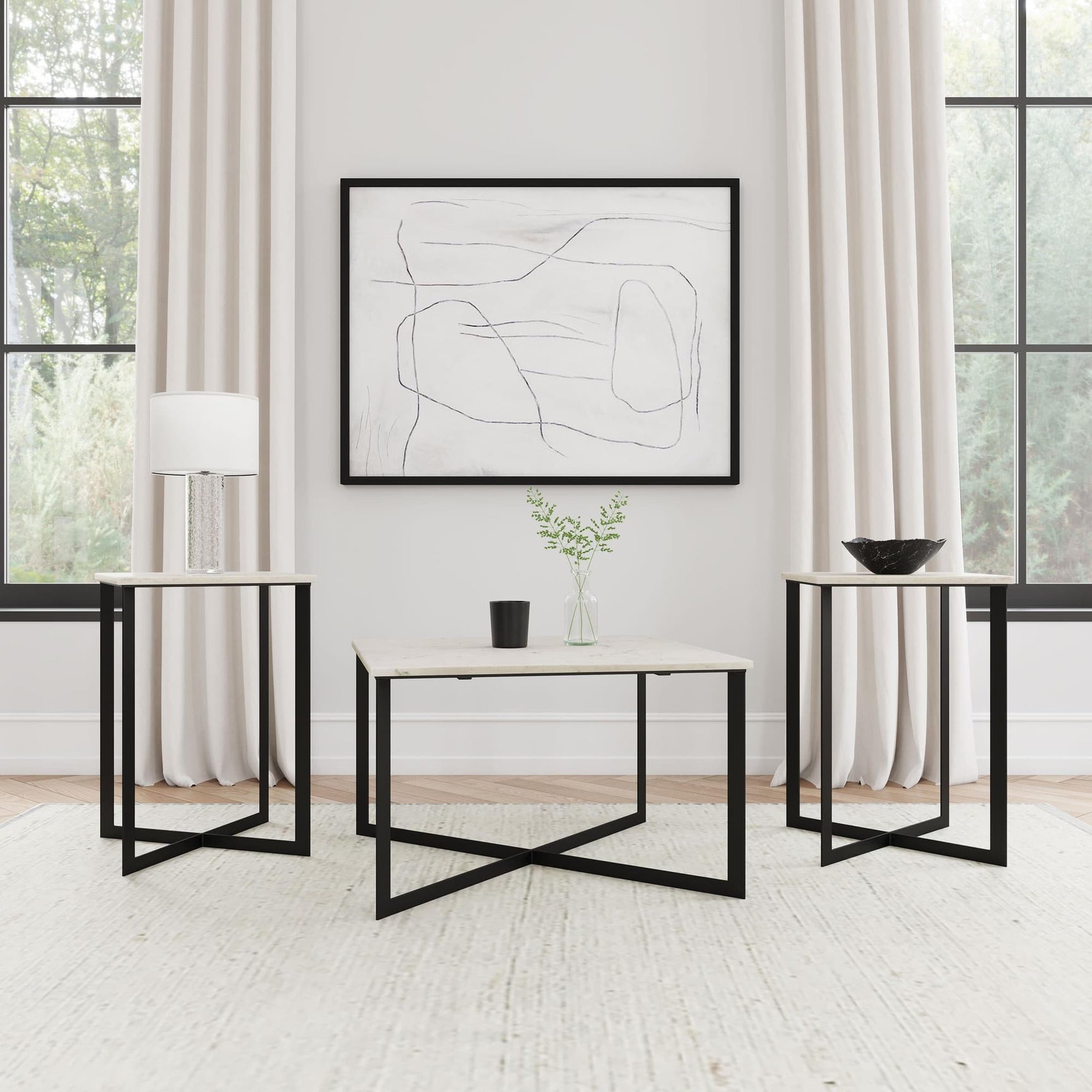 Tobin marble top coffee table with black crisscross iron base