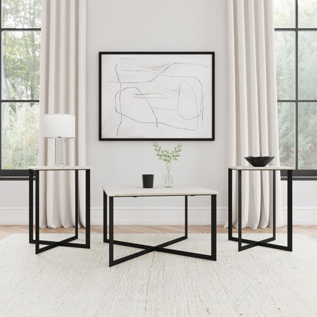 Tobin marble top coffee table with black crisscross iron base