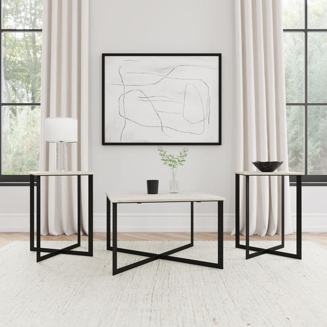 Tobin marble top coffee table with black crisscross iron base
