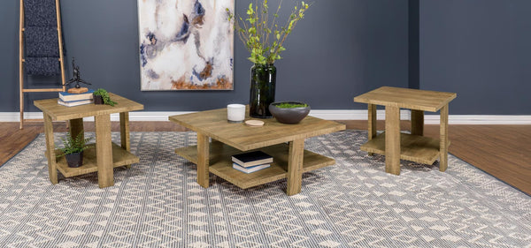 Dawn 3-piece round coffee and end table set mango brown front view