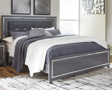 Lodanna Gray King Panel Bed front view with upholstered headboard