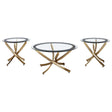 Brooke 3-piece round coffee and end table set with rose brass metal base and glass top