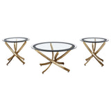 Brooke 3-piece round coffee and end table set with rose brass metal base and glass top