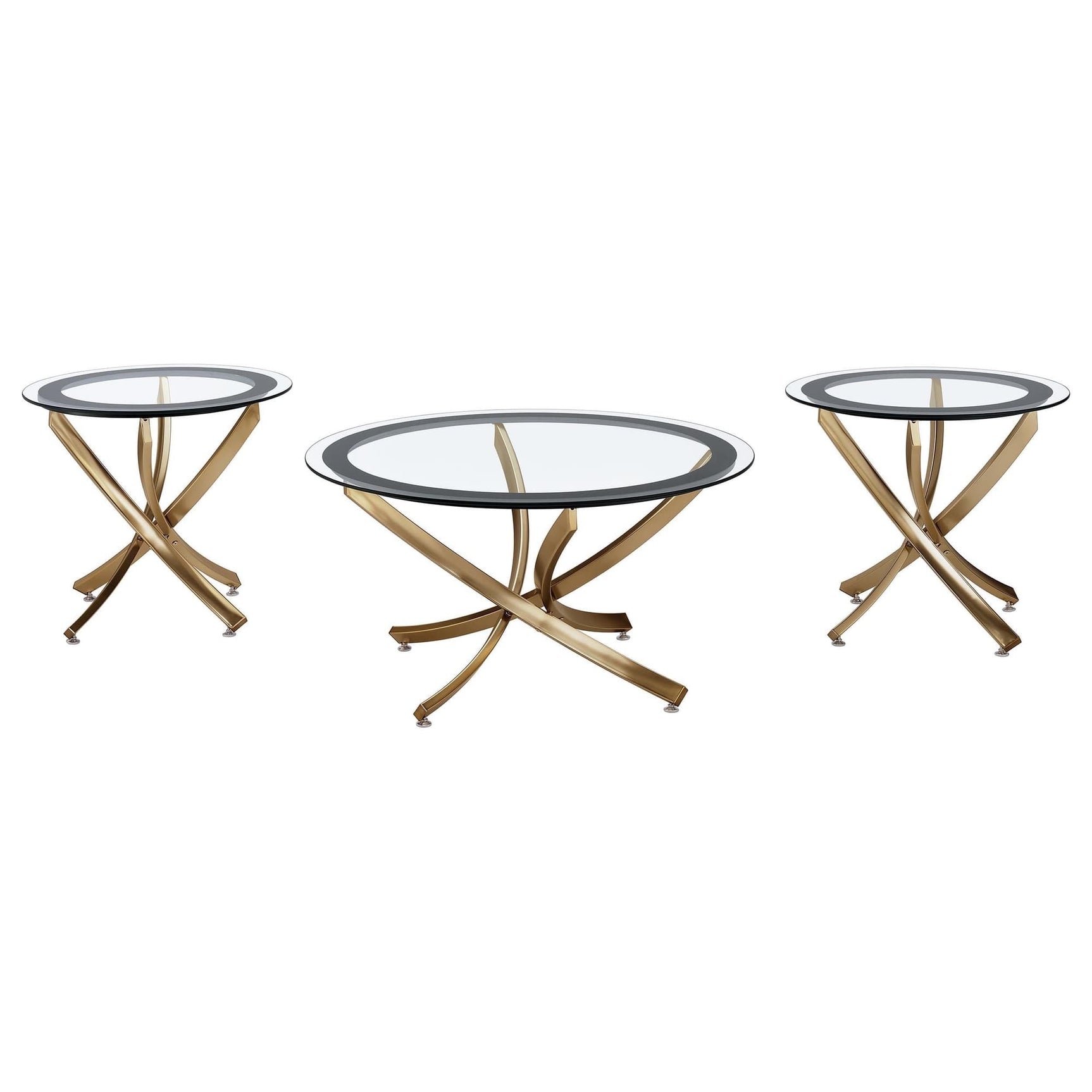 Brooke 3-piece round coffee and end table set with rose brass metal base and glass top