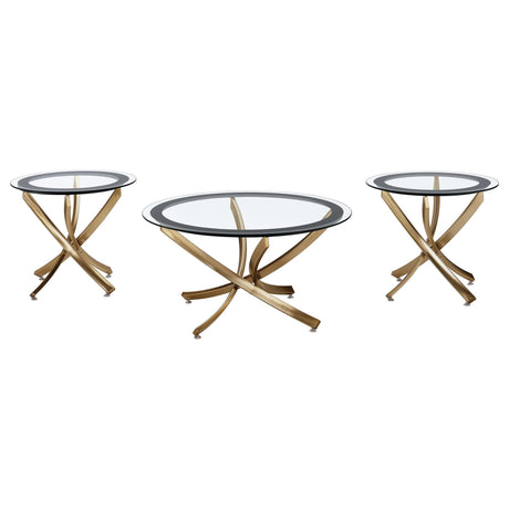 Brooke 3-piece round coffee and end table set with rose brass metal base and glass top