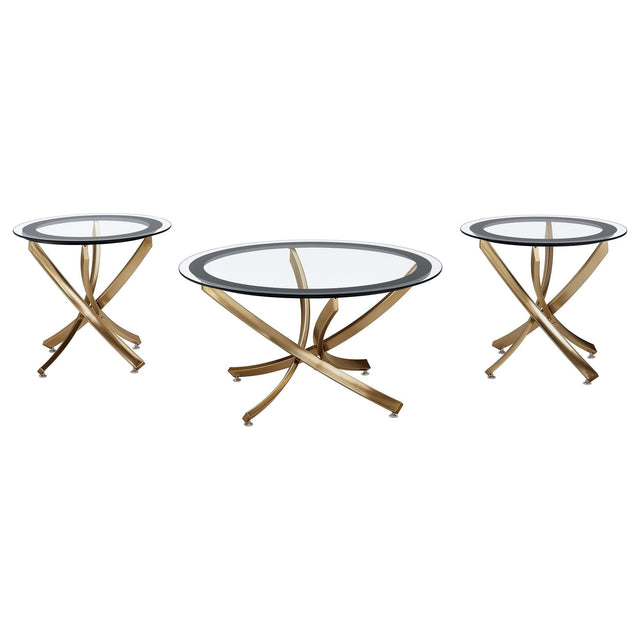 Brooke 3-piece round coffee and end table set with rose brass metal base and glass top