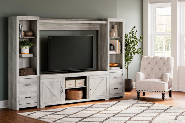 Bellaby Whitewash 4-Piece Entertainment Center full setup - Ella Furniture